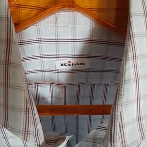 Kiton Men's Shirt with White and Brown Check Pattern